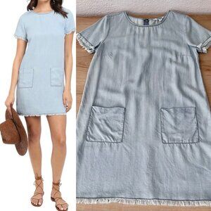 BB Dakota Chambray Tencel Denim Light Blue Shift Dress Frayed Edge w/ Pockets M